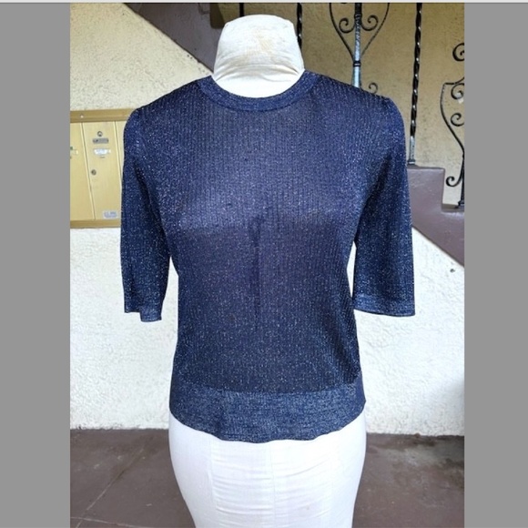 VERONICA BEARD Ume Blue Metallic Shimmer Short Sleeve Knit Top EUC/sz L - Picture 6 of 11
